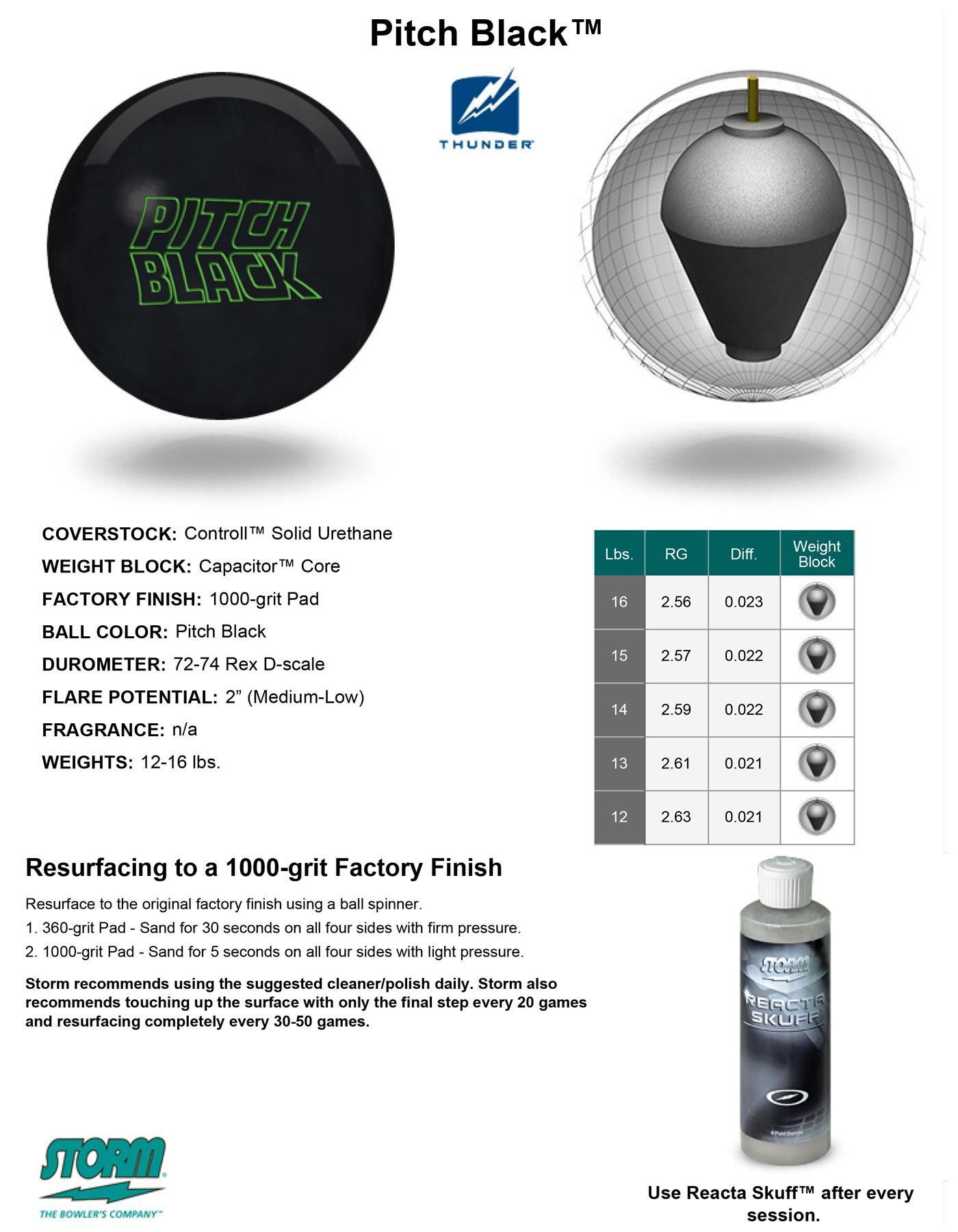 Urethane Bowling Ball Storm Pitch Black - 15lbs (Thunder Line